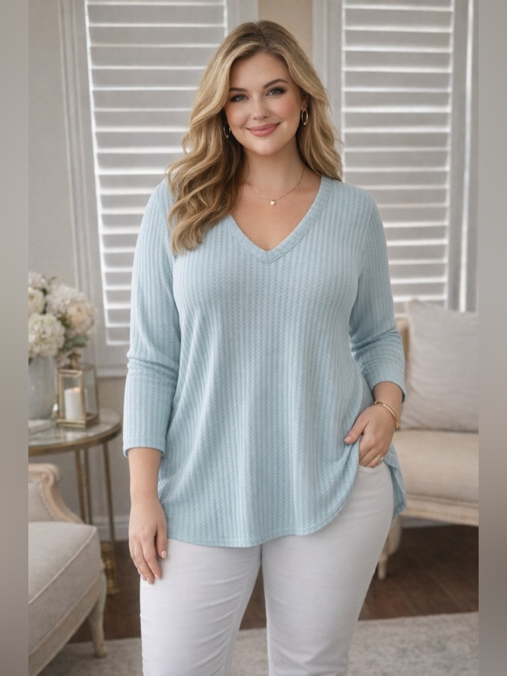 NWT | Chaser | Baby Blue Long Sleeve Waffle Knit V Neck Tunic Top - Size 2X